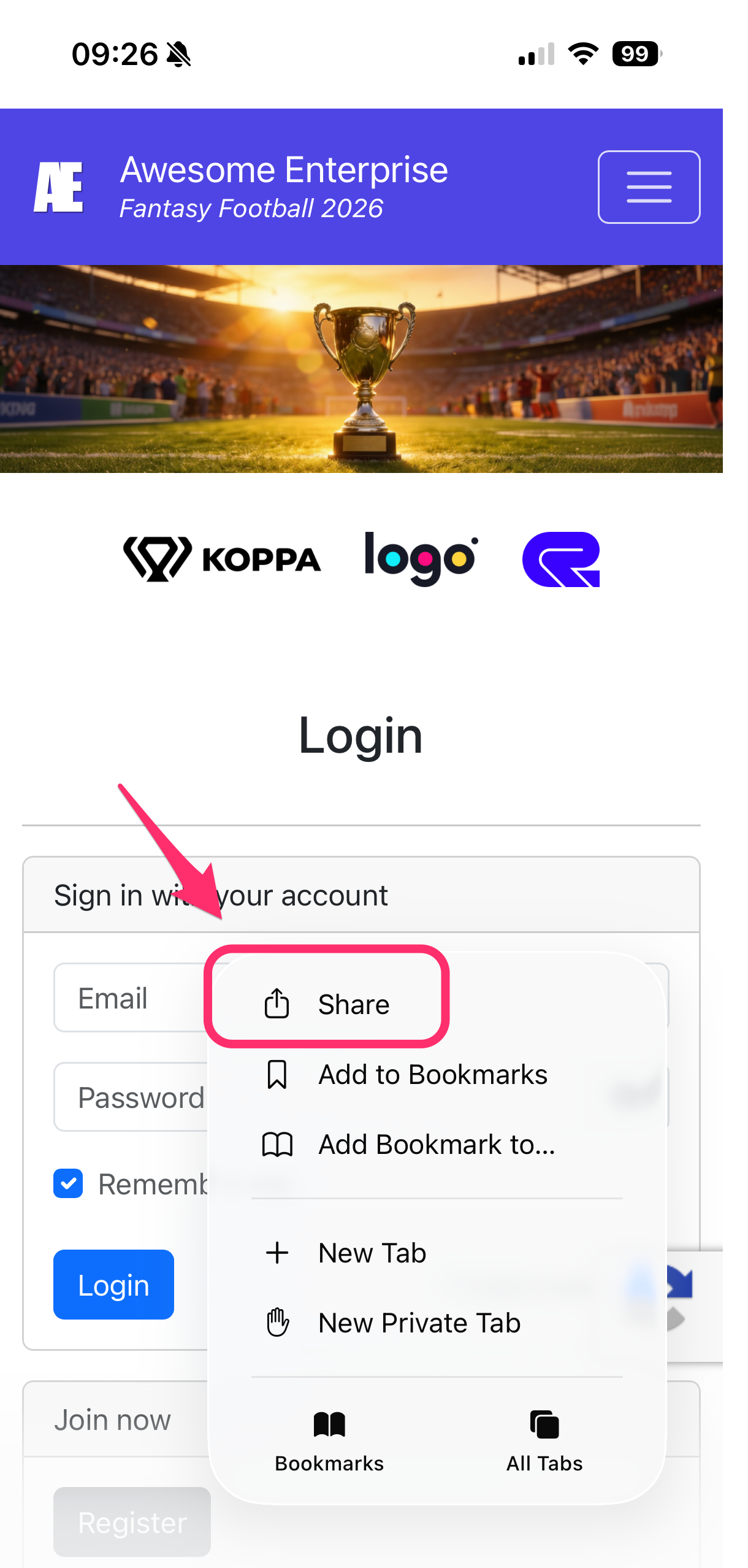 Safari share menu on iPhone